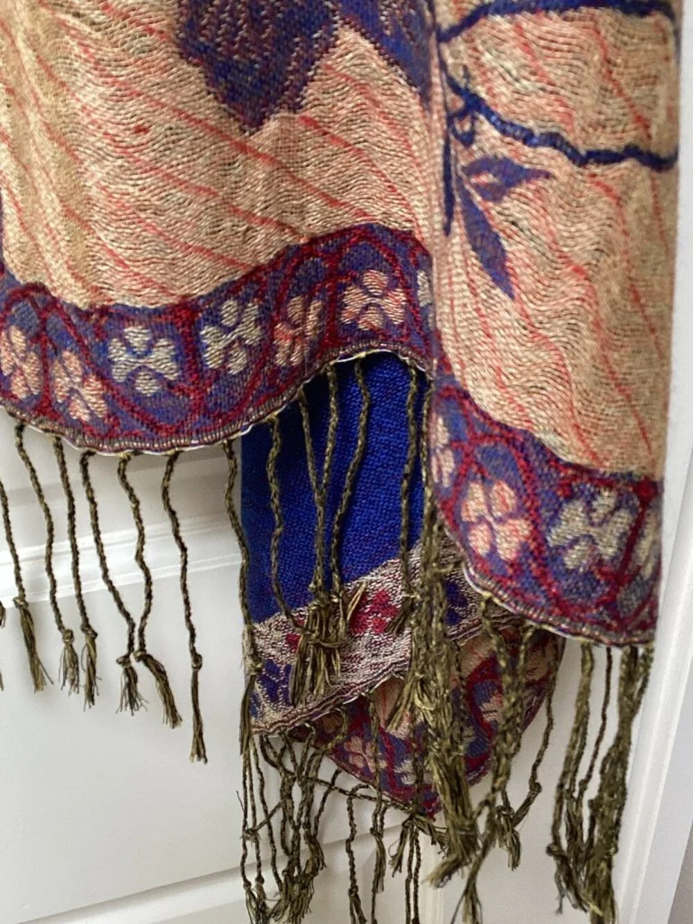 Blue and tan reversible floral shawl, wrap, scarf - 78